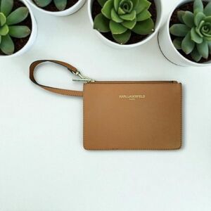 KARL LAGERFELD RUSSET BROWN SAFFIANO LEATHER WRISTLET AUTHENTIC